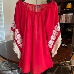 Red Embroidered Sheer Women's Top